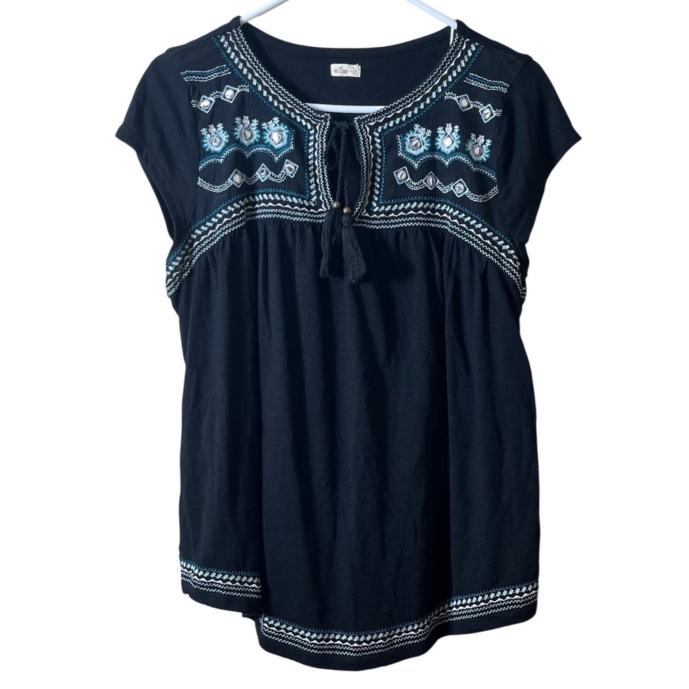 Hollister Boho Embroidered Mirror Tassel Peasant Top Black Size L Indie Festival
